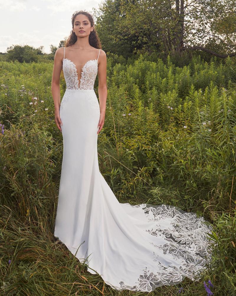 La24120 sexy off the shoulder wedding dress with plunging neckline and lace train4